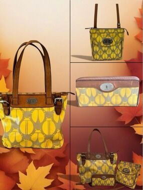 Fossil Key Three Piece Set Tote Crossbody Bag and Wallet Ladybug Patten